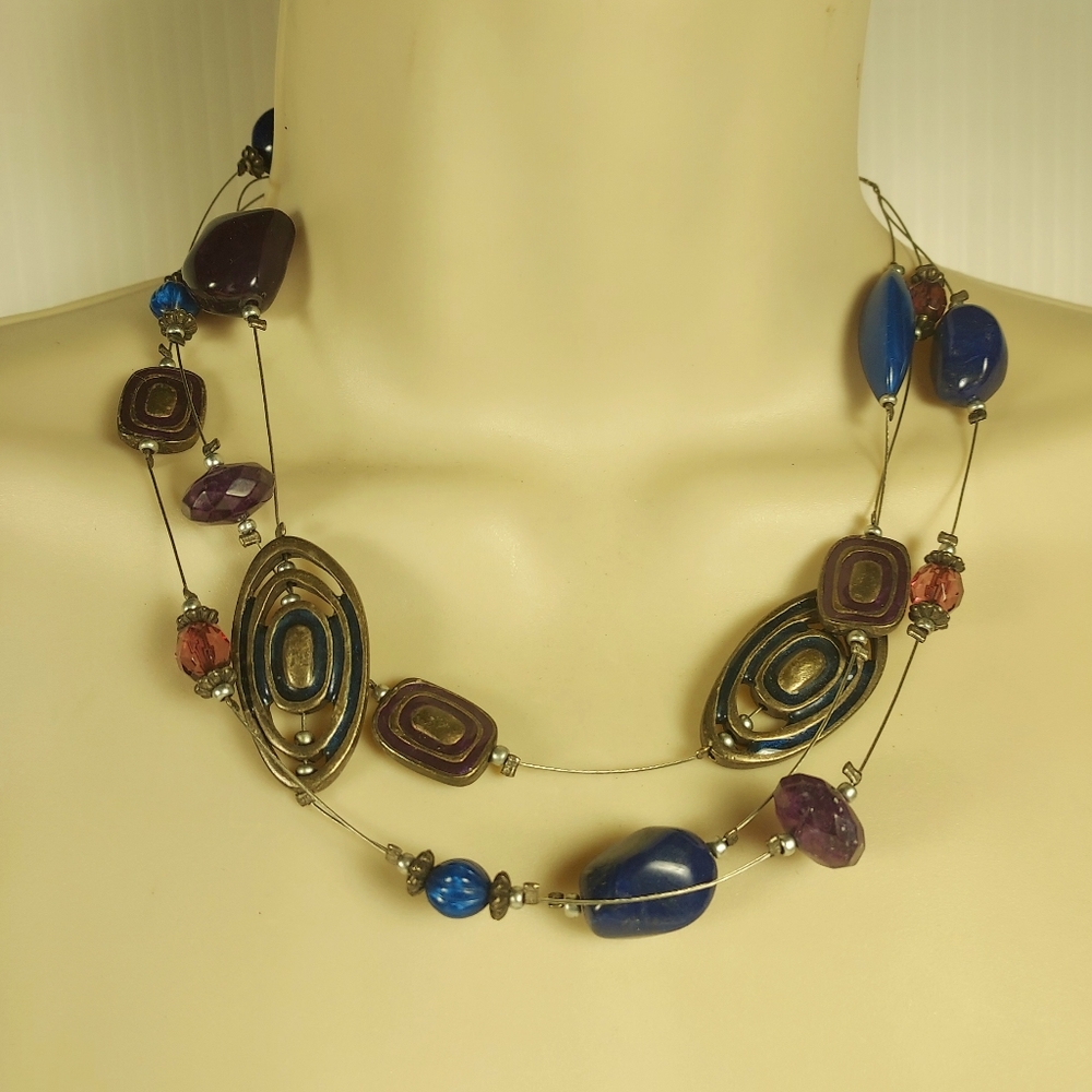 Chico's Navy Blue and Silver Wire Multi-Layer Necklace Stone Glass Boho Style - Picture 4 of 8
